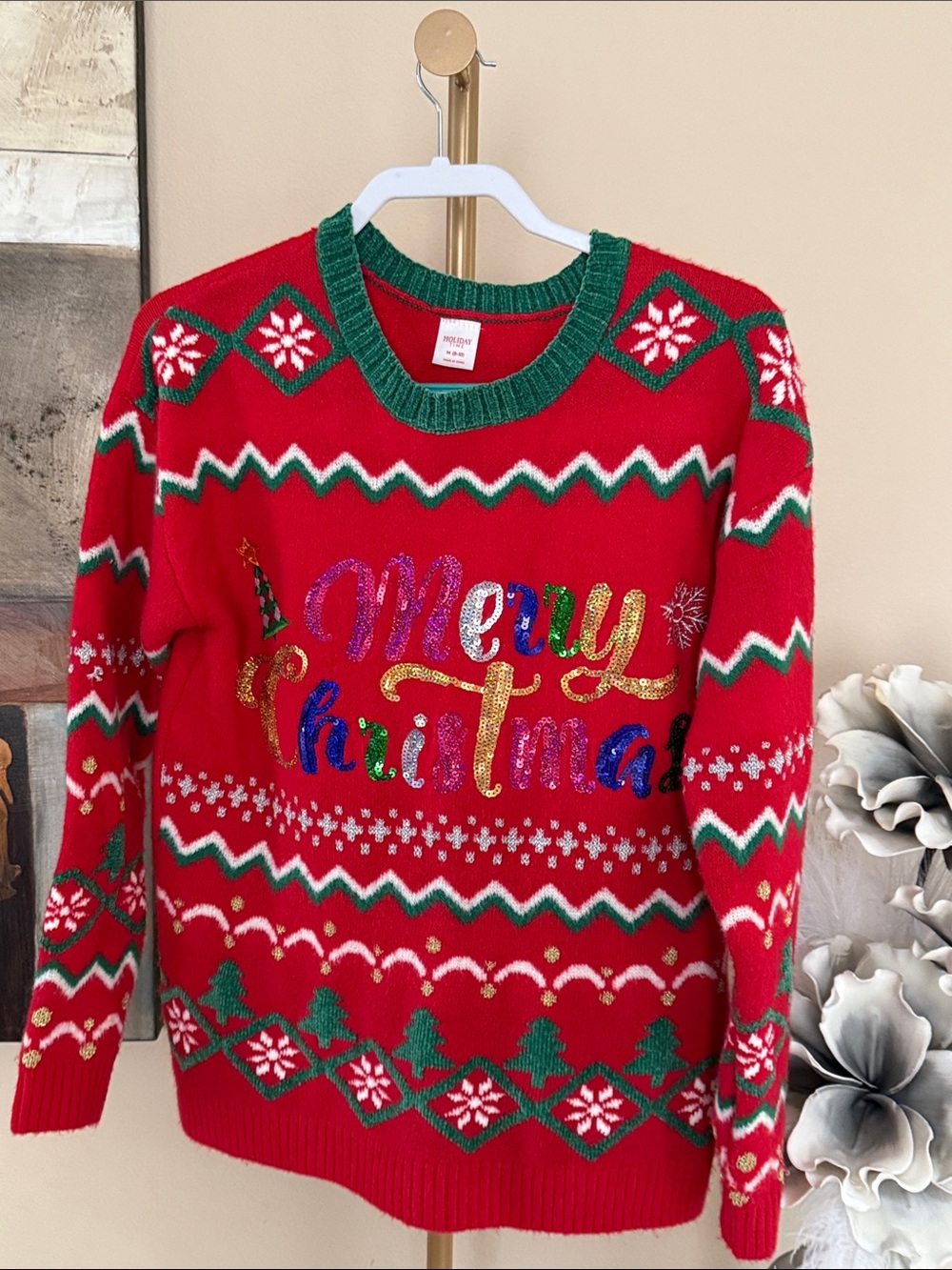 Holiday Time Red 'Merry Christmas' Crewneck Sweater with Green Trim